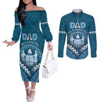Personalised Fiji Happy Father's Day Couples Matching Off The Shoulder Long Sleeve Dress and Long Sleeve Button Shirt Au Lomani Iko Dad Polynesian Tribal LT05 Blue - Polynesian Pride
