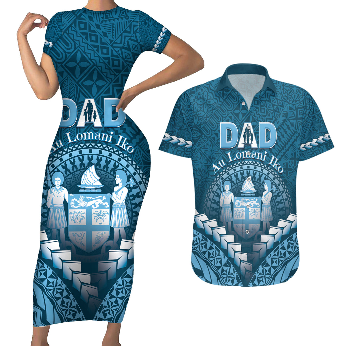 Personalised Fiji Happy Father's Day Couples Matching Short Sleeve Bodycon Dress and Hawaiian Shirt Au Lomani Iko Dad Polynesian Tribal LT05 Blue - Polynesian Pride