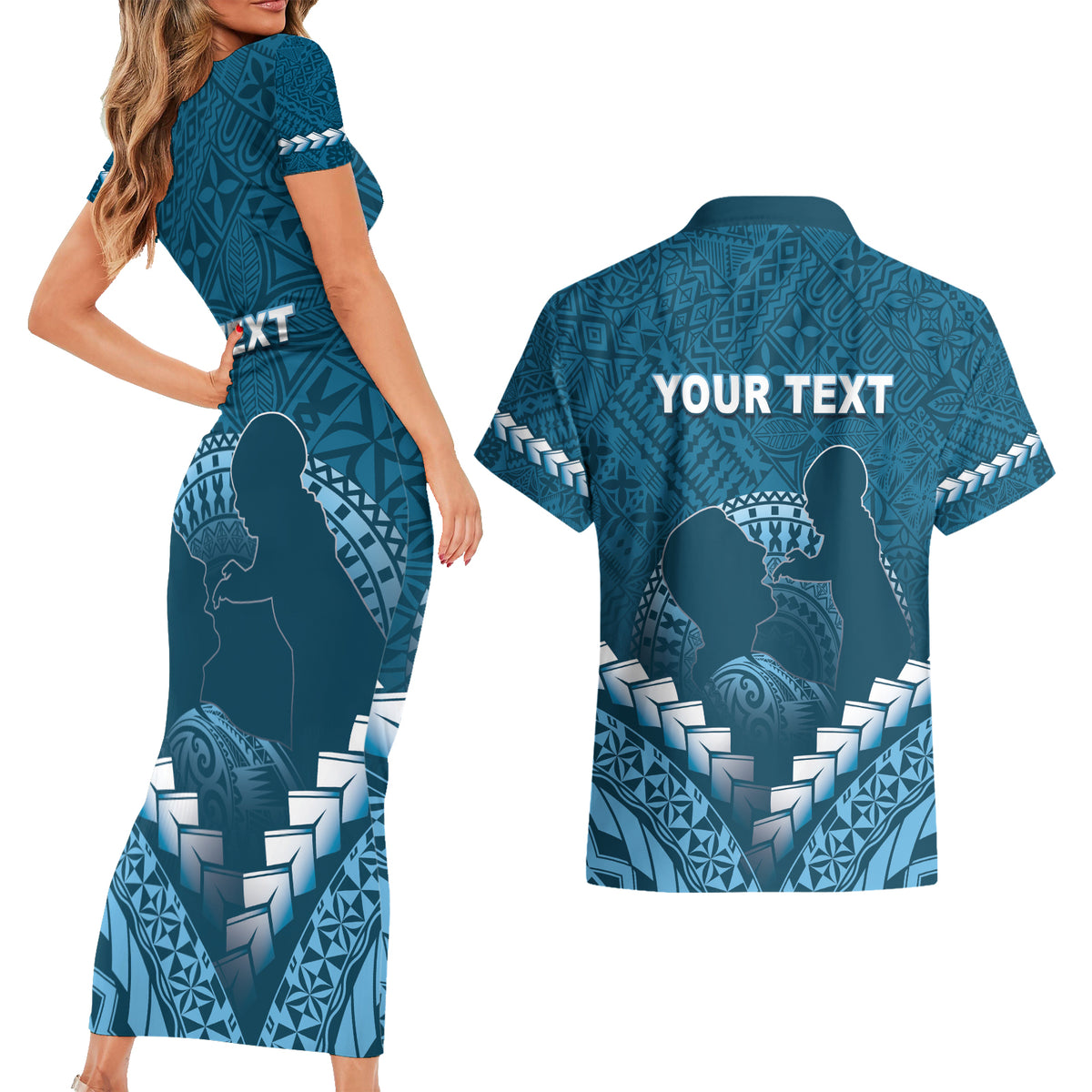 Personalised Fiji Happy Father's Day Couples Matching Short Sleeve Bodycon Dress and Hawaiian Shirt Au Lomani Iko Dad Polynesian Tribal LT05 - Polynesian Pride