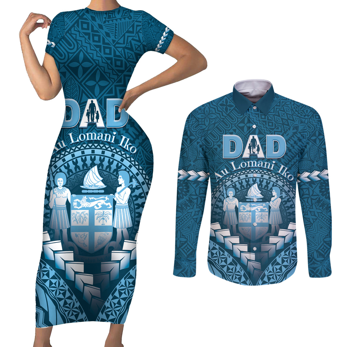 Personalised Fiji Happy Father's Day Couples Matching Short Sleeve Bodycon Dress and Long Sleeve Button Shirt Au Lomani Iko Dad Polynesian Tribal LT05 Blue - Polynesian Pride