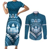Personalised Fiji Happy Father's Day Couples Matching Short Sleeve Bodycon Dress and Long Sleeve Button Shirt Au Lomani Iko Dad Polynesian Tribal LT05 Blue - Polynesian Pride