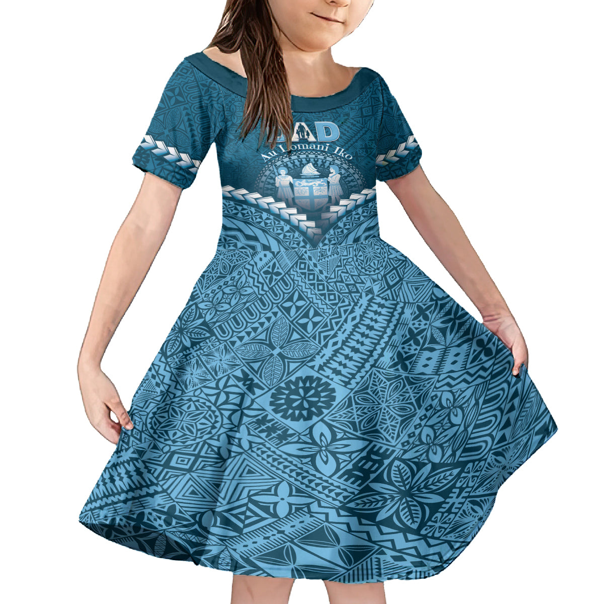 Personalised Fiji Happy Father's Day Family Matching Long Sleeve Bodycon Dress and Hawaiian Shirt Au Lomani Iko Dad Polynesian Tribal LT05 Daughter's Dress Blue - Polynesian Pride