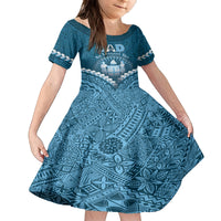 Personalised Fiji Happy Father's Day Family Matching Long Sleeve Bodycon Dress and Hawaiian Shirt Au Lomani Iko Dad Polynesian Tribal LT05 Daughter's Dress Blue - Polynesian Pride