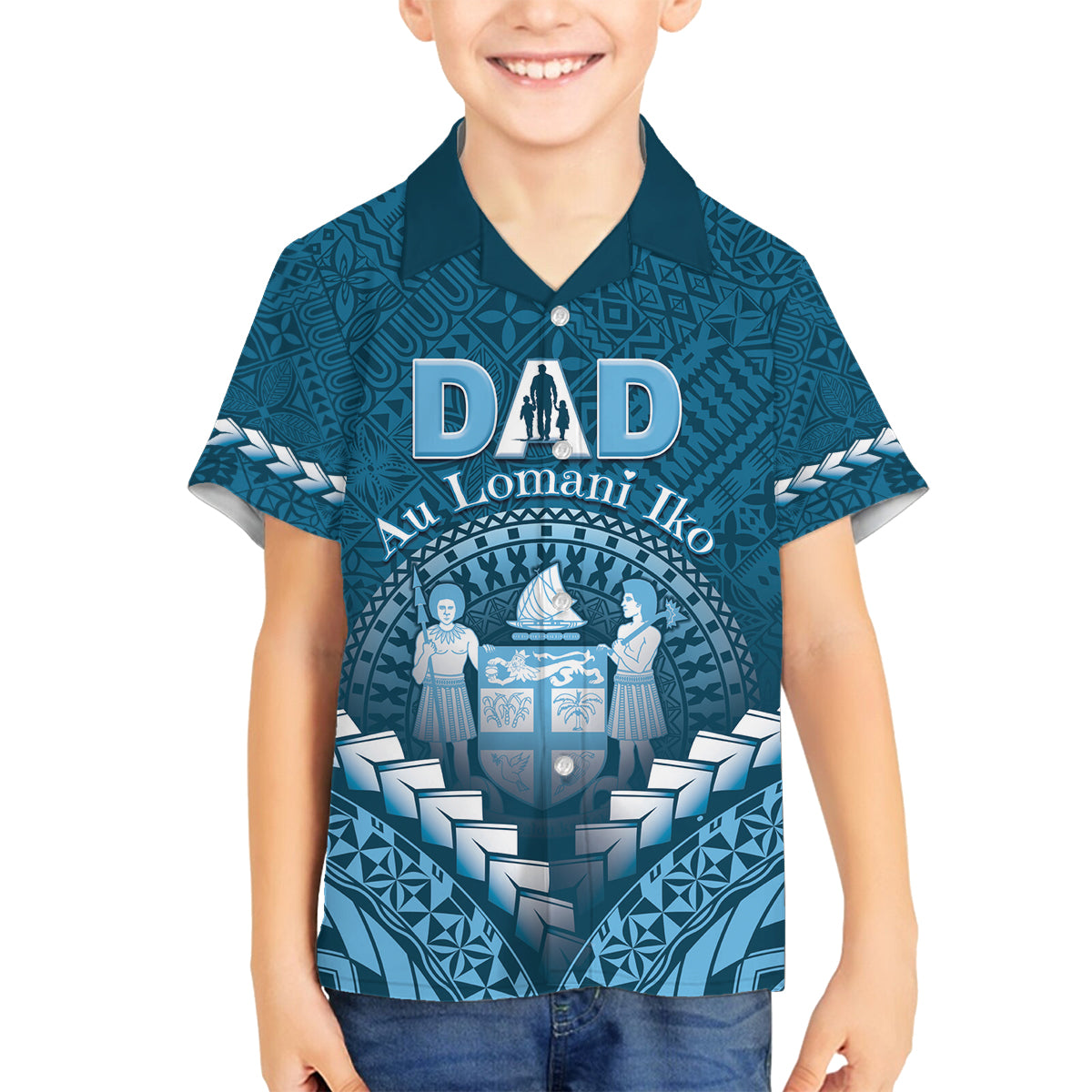 Personalised Fiji Happy Father's Day Family Matching Long Sleeve Bodycon Dress and Hawaiian Shirt Au Lomani Iko Dad Polynesian Tribal LT05 Son's Shirt Blue - Polynesian Pride