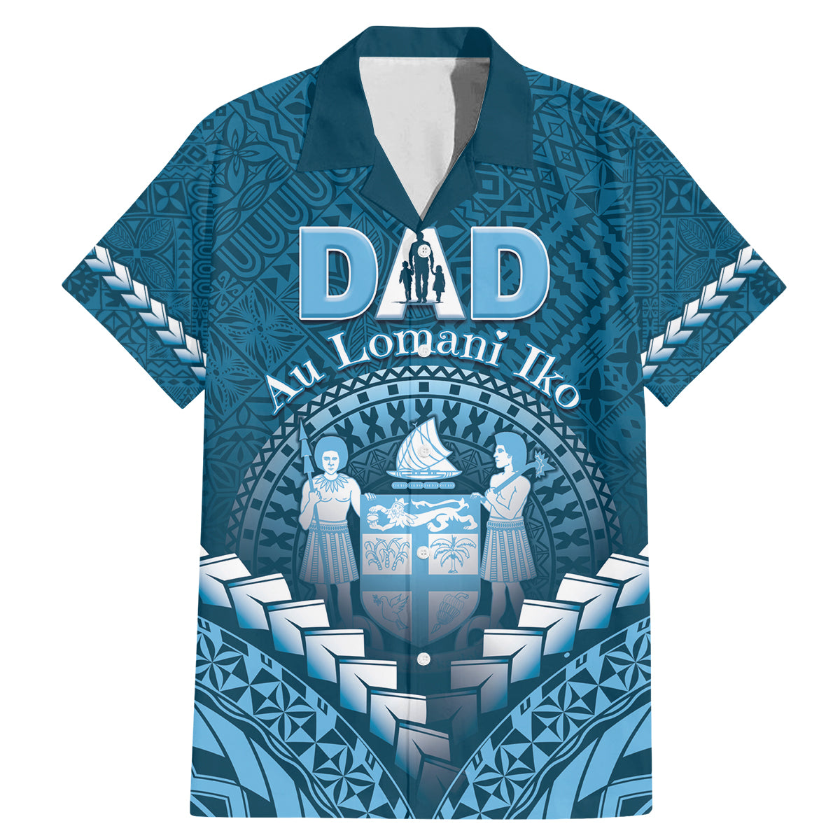 Personalised Fiji Happy Father's Day Family Matching Mermaid Dress and Hawaiian Shirt Au Lomani Iko Dad Polynesian Tribal LT05 Dad's Shirt - Short Sleeve Blue - Polynesian Pride