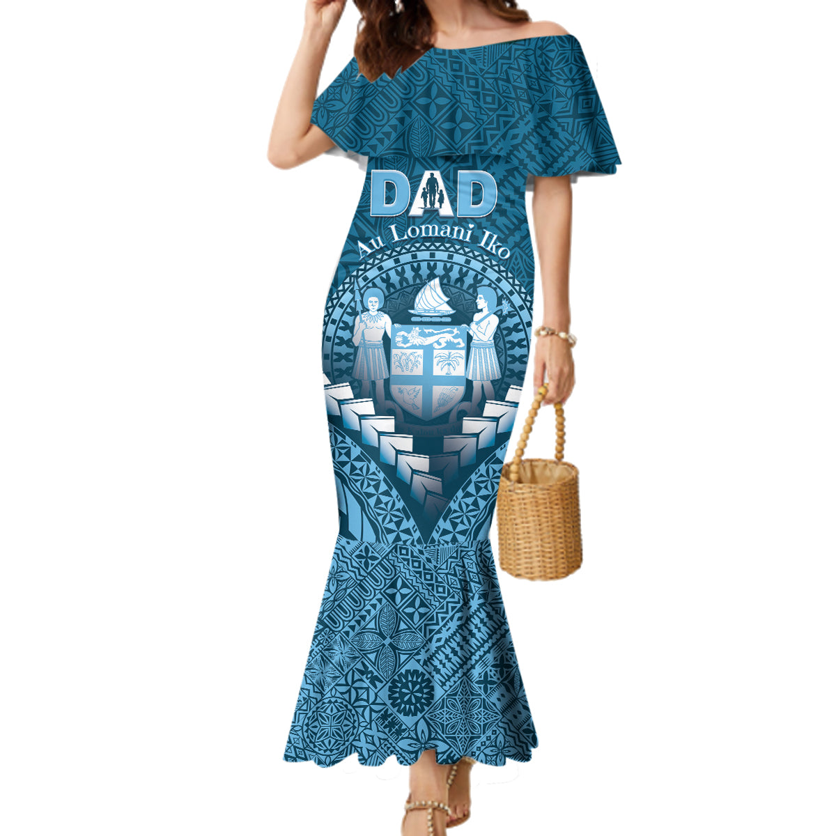 Personalised Fiji Happy Father's Day Family Matching Mermaid Dress and Hawaiian Shirt Au Lomani Iko Dad Polynesian Tribal LT05 Mom's Dress Blue - Polynesian Pride