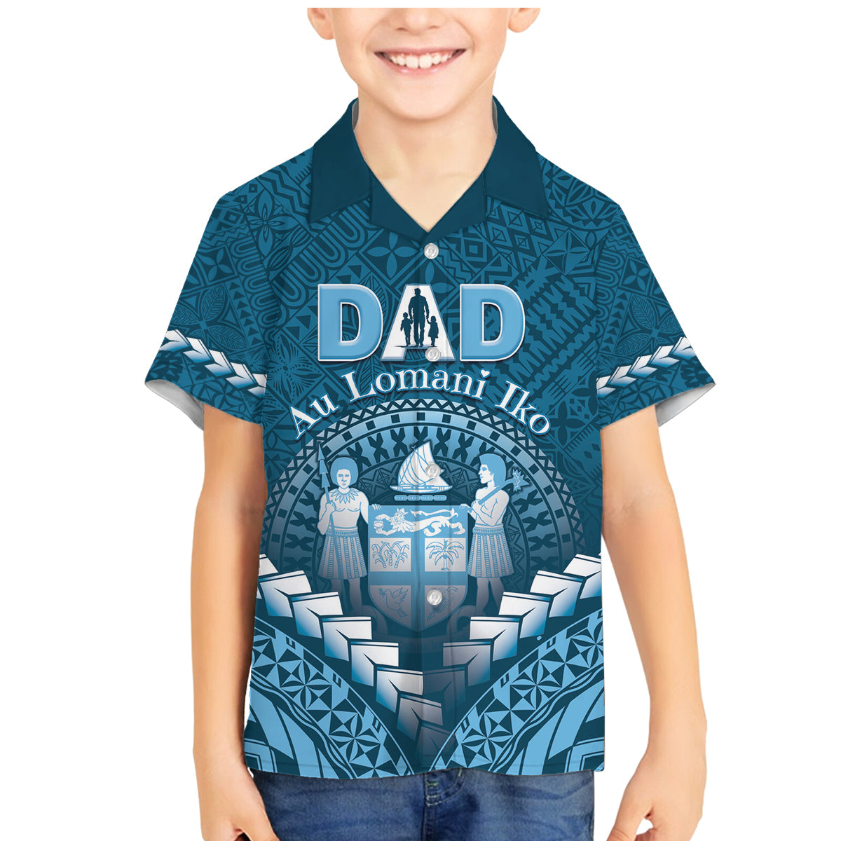 Personalised Fiji Happy Father's Day Family Matching Mermaid Dress and Hawaiian Shirt Au Lomani Iko Dad Polynesian Tribal LT05 Son's Shirt Blue - Polynesian Pride
