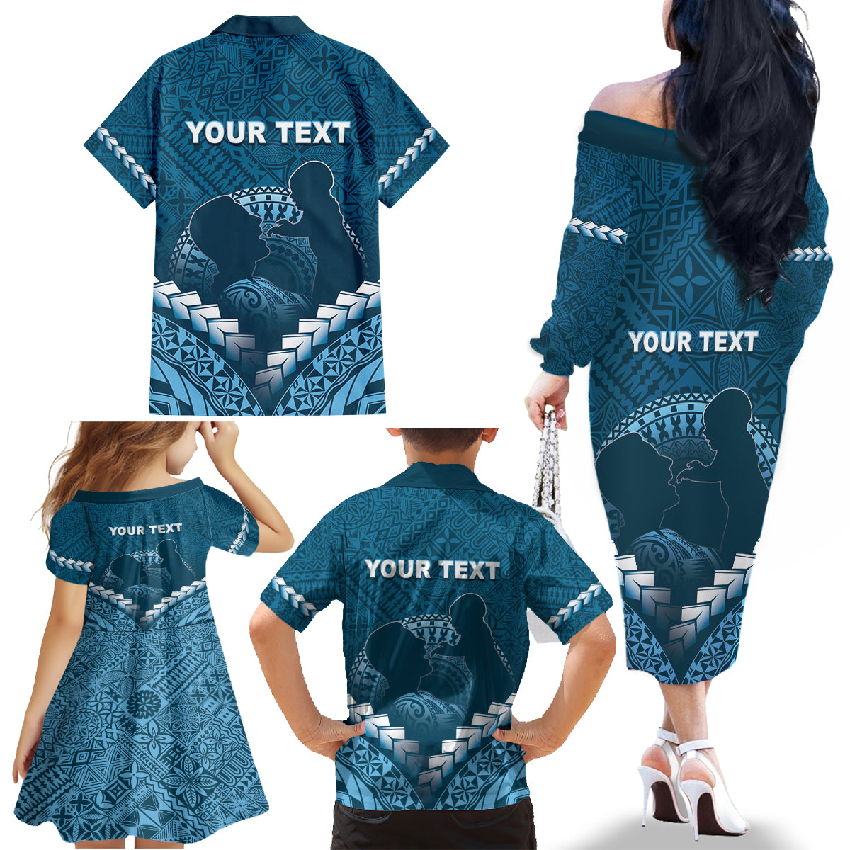 Personalised Fiji Happy Father's Day Family Matching Off The Shoulder Long Sleeve Dress and Hawaiian Shirt Au Lomani Iko Dad Polynesian Tribal LT05 - Polynesian Pride
