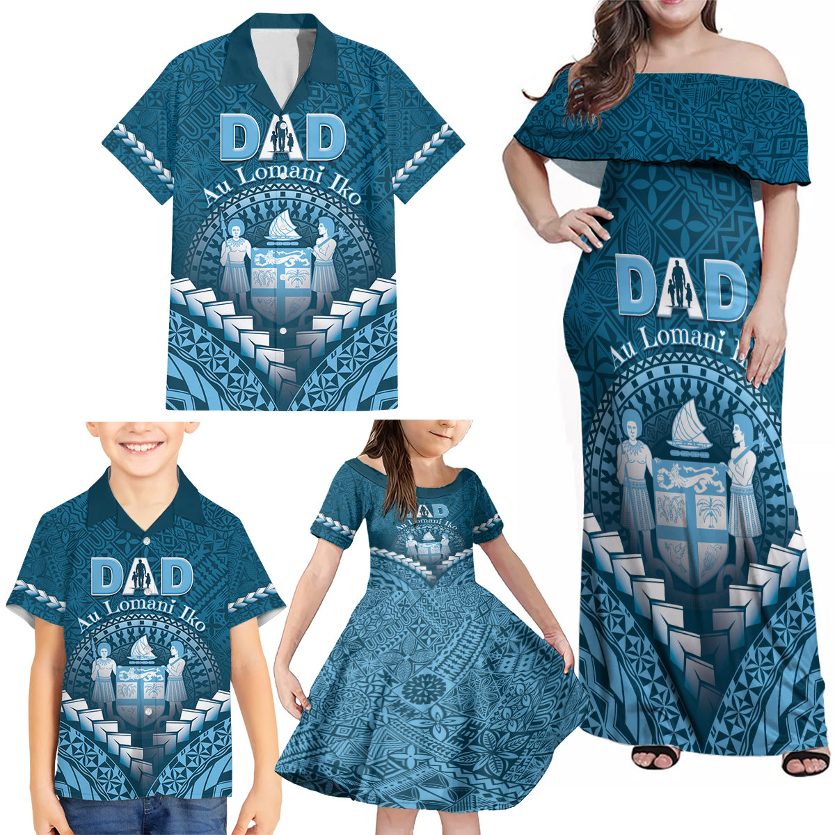 Personalised Fiji Happy Father's Day Family Matching Off Shoulder Maxi Dress and Hawaiian Shirt Au Lomani Iko Dad Polynesian Tribal LT05 - Polynesian Pride