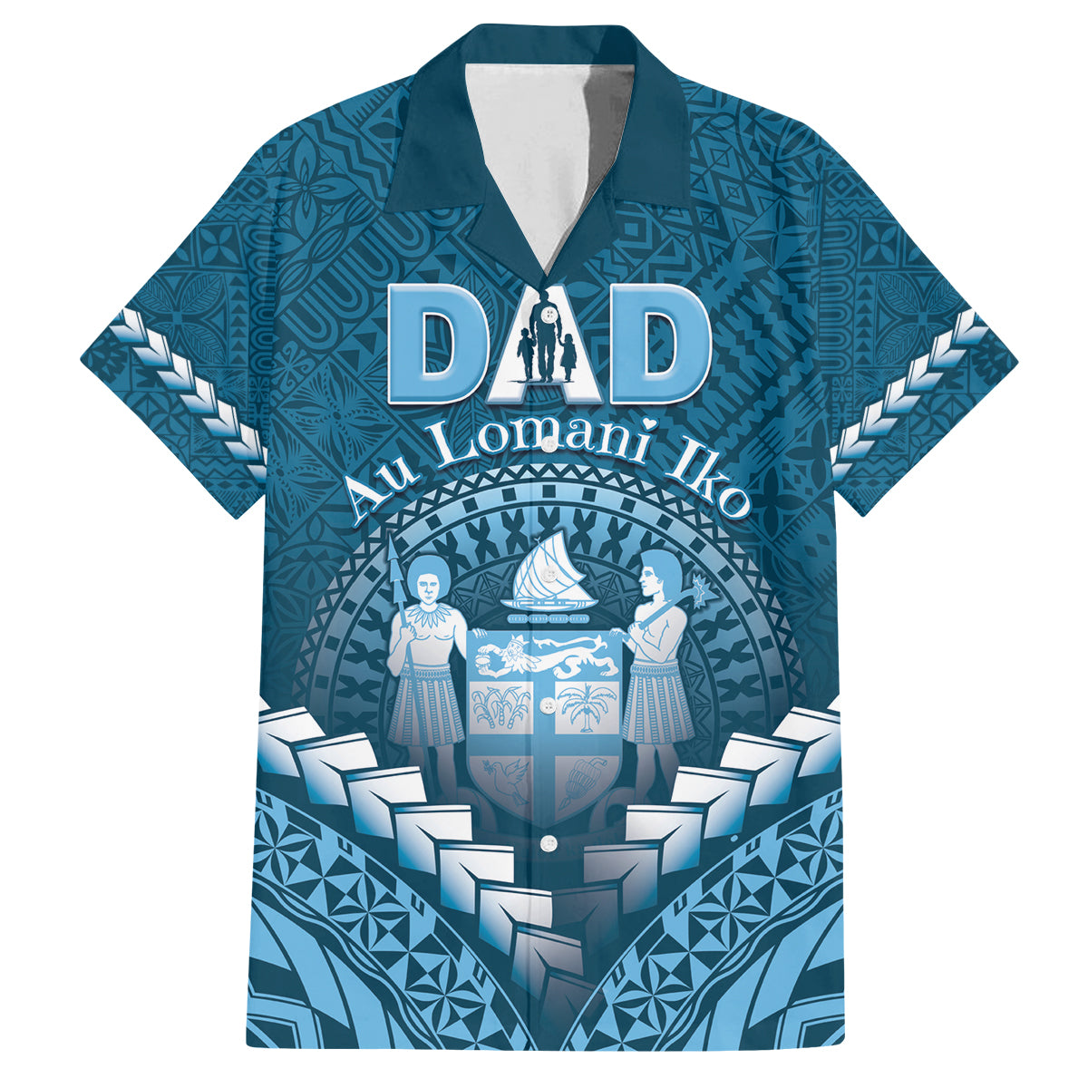 Personalised Fiji Happy Father's Day Family Matching Off Shoulder Maxi Dress and Hawaiian Shirt Au Lomani Iko Dad Polynesian Tribal LT05 Dad's Shirt - Short Sleeve Blue - Polynesian Pride