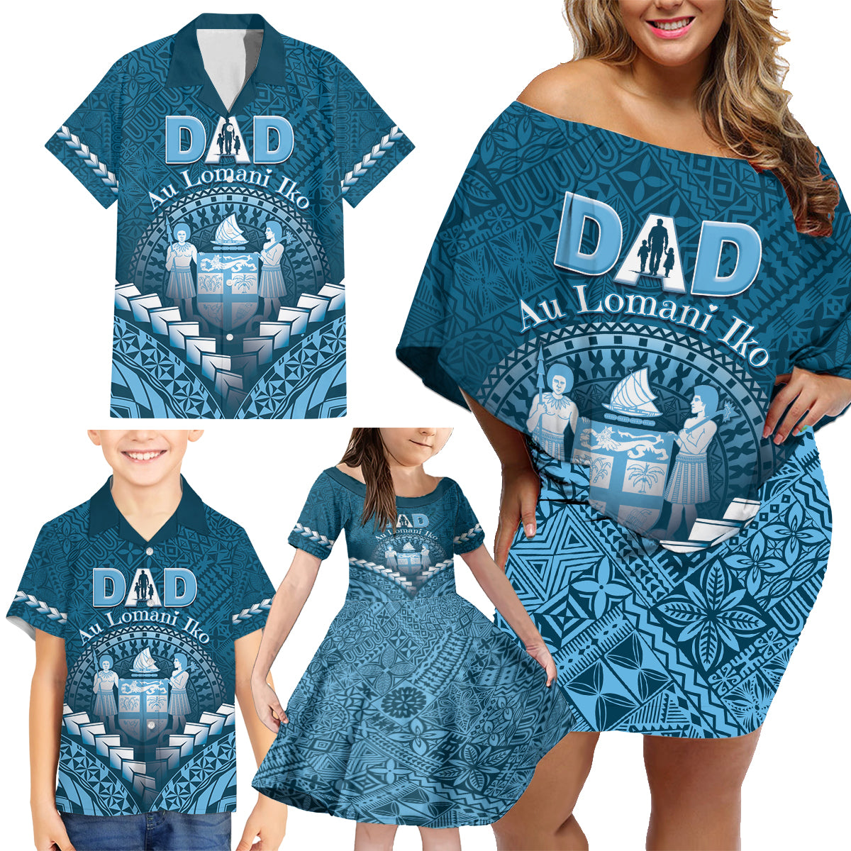 Personalised Fiji Happy Father's Day Family Matching Off Shoulder Short Dress and Hawaiian Shirt Au Lomani Iko Dad Polynesian Tribal LT05 - Polynesian Pride