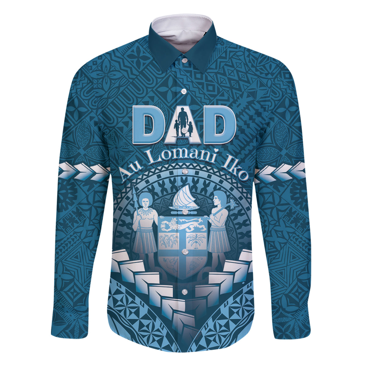 Personalised Fiji Happy Father's Day Family Matching Off Shoulder Short Dress and Hawaiian Shirt Au Lomani Iko Dad Polynesian Tribal LT05 Dad's Shirt - Long Sleeve Blue - Polynesian Pride