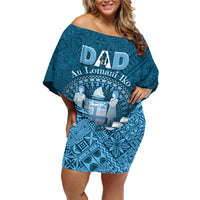 Personalised Fiji Happy Father's Day Family Matching Off Shoulder Short Dress and Hawaiian Shirt Au Lomani Iko Dad Polynesian Tribal LT05 Mom's Dress Blue - Polynesian Pride