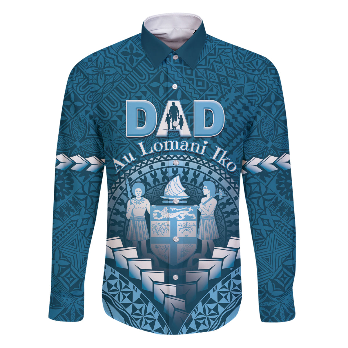 Personalised Fiji Happy Father's Day Family Matching Puletasi and Hawaiian Shirt Au Lomani Iko Dad Polynesian Tribal LT05 Dad's Shirt - Long Sleeve Blue - Polynesian Pride