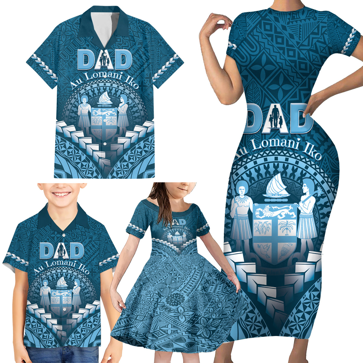 Personalised Fiji Happy Father's Day Family Matching Short Sleeve Bodycon Dress and Hawaiian Shirt Au Lomani Iko Dad Polynesian Tribal LT05 - Polynesian Pride