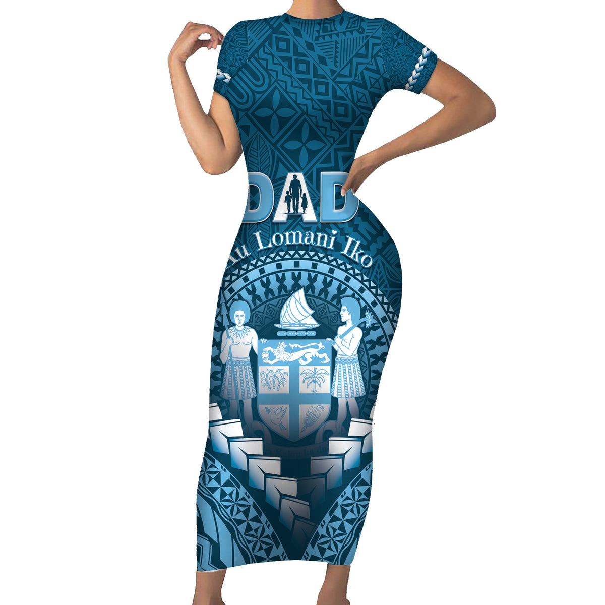 Personalised Fiji Happy Father's Day Family Matching Short Sleeve Bodycon Dress and Hawaiian Shirt Au Lomani Iko Dad Polynesian Tribal LT05 Mom's Dress Blue - Polynesian Pride