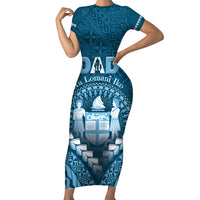 Personalised Fiji Happy Father's Day Family Matching Short Sleeve Bodycon Dress and Hawaiian Shirt Au Lomani Iko Dad Polynesian Tribal LT05 Mom's Dress Blue - Polynesian Pride