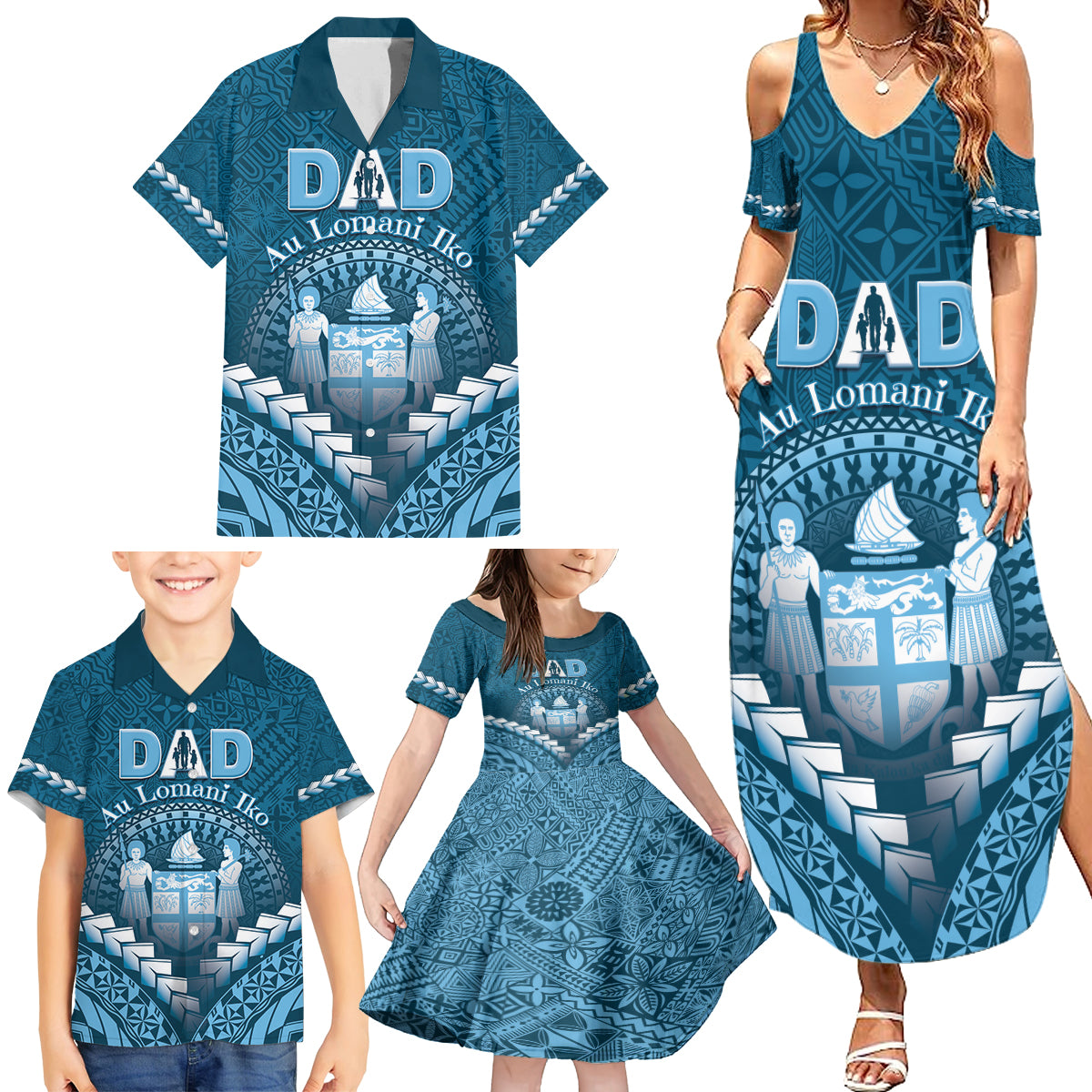 Personalised Fiji Happy Father's Day Family Matching Summer Maxi Dress and Hawaiian Shirt Au Lomani Iko Dad Polynesian Tribal LT05 - Polynesian Pride