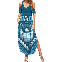Personalised Fiji Happy Father's Day Family Matching Summer Maxi Dress and Hawaiian Shirt Au Lomani Iko Dad Polynesian Tribal LT05 Mom's Dress Blue - Polynesian Pride