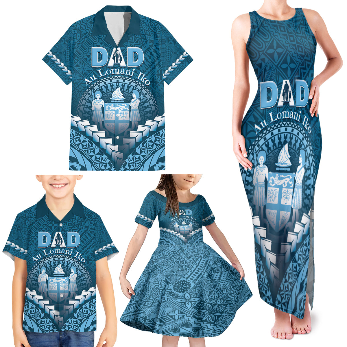 Personalised Fiji Happy Father's Day Family Matching Tank Maxi Dress and Hawaiian Shirt Au Lomani Iko Dad Polynesian Tribal LT05 - Polynesian Pride