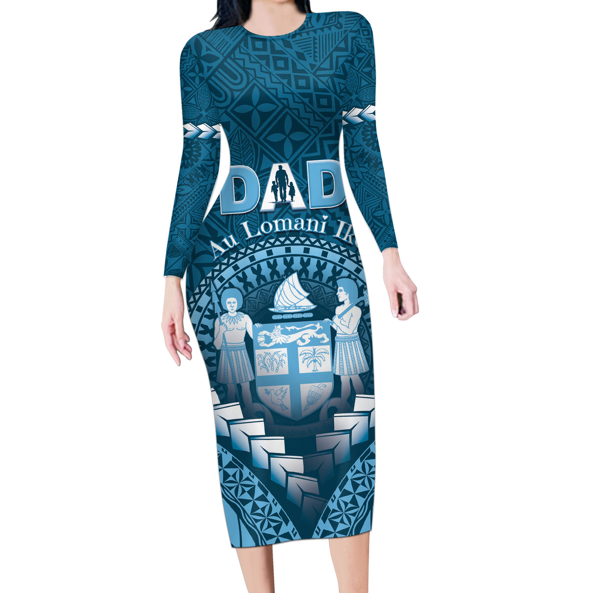 Personalised Fiji Happy Father's Day Long Sleeve Bodycon Dress Au Lomani Iko Dad Polynesian Tribal LT05 Long Dress Blue - Polynesian Pride