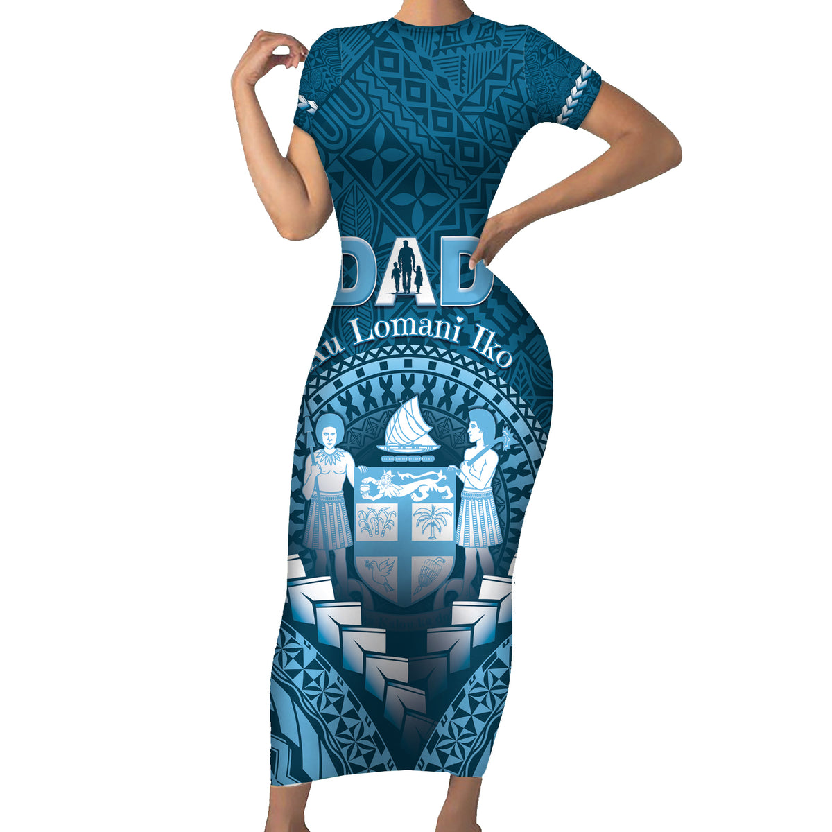 Personalised Fiji Happy Father's Day Short Sleeve Bodycon Dress Au Lomani Iko Dad Polynesian Tribal LT05 Long Dress Blue - Polynesian Pride