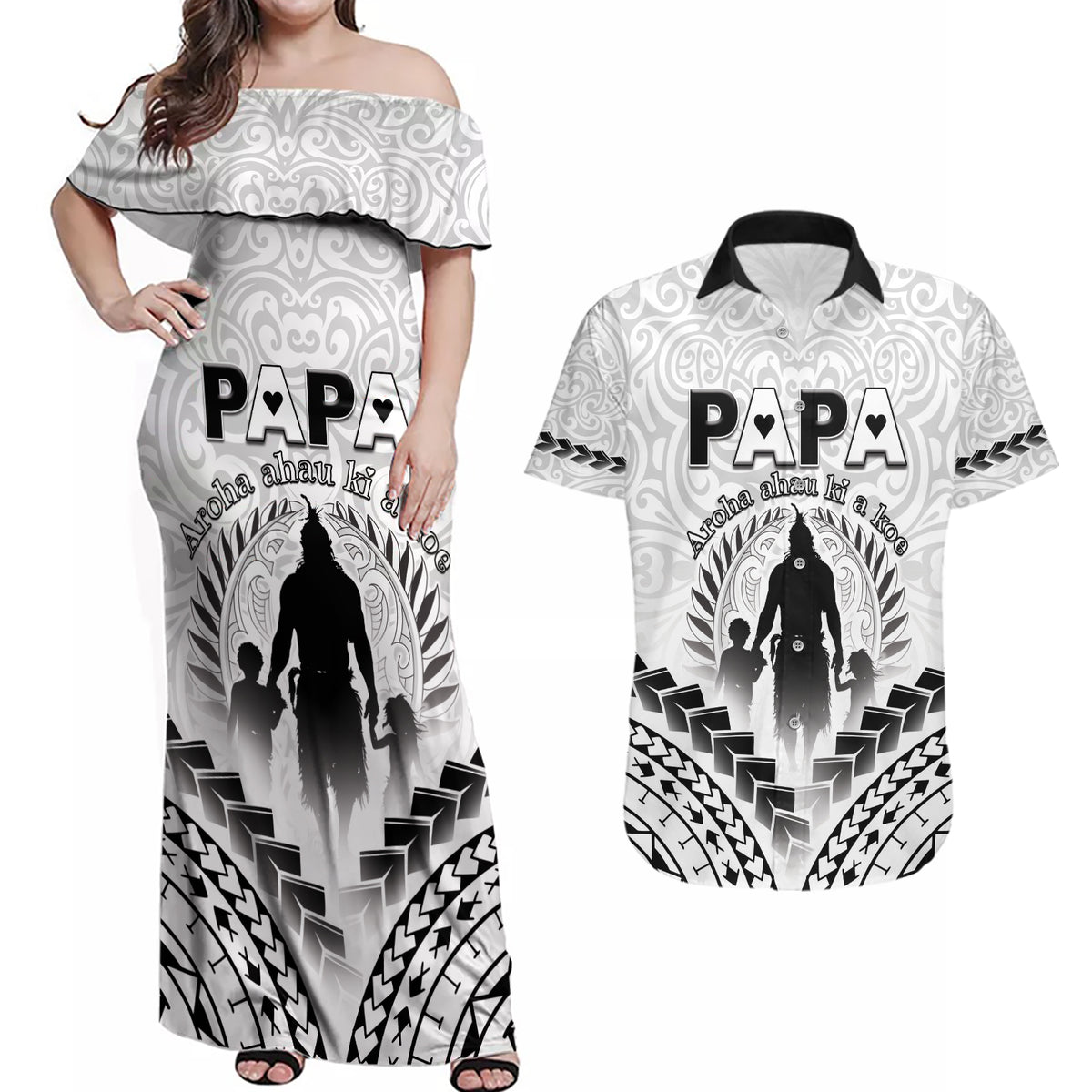 Personalised New Zealand Happy Father's Day Couples Matching Off Shoulder Maxi Dress and Hawaiian Shirt Aroha Ahau Ki A Koe Papa Polynesian Tribal LT05 White - Polynesian Pride