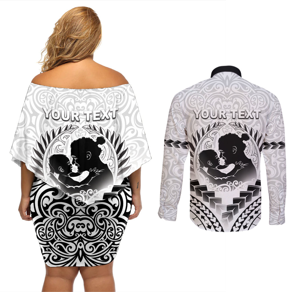 Personalised New Zealand Happy Father's Day Couples Matching Off Shoulder Short Dress and Long Sleeve Button Shirt Aroha Ahau Ki A Koe Papa Polynesian Tribal LT05 - Polynesian Pride