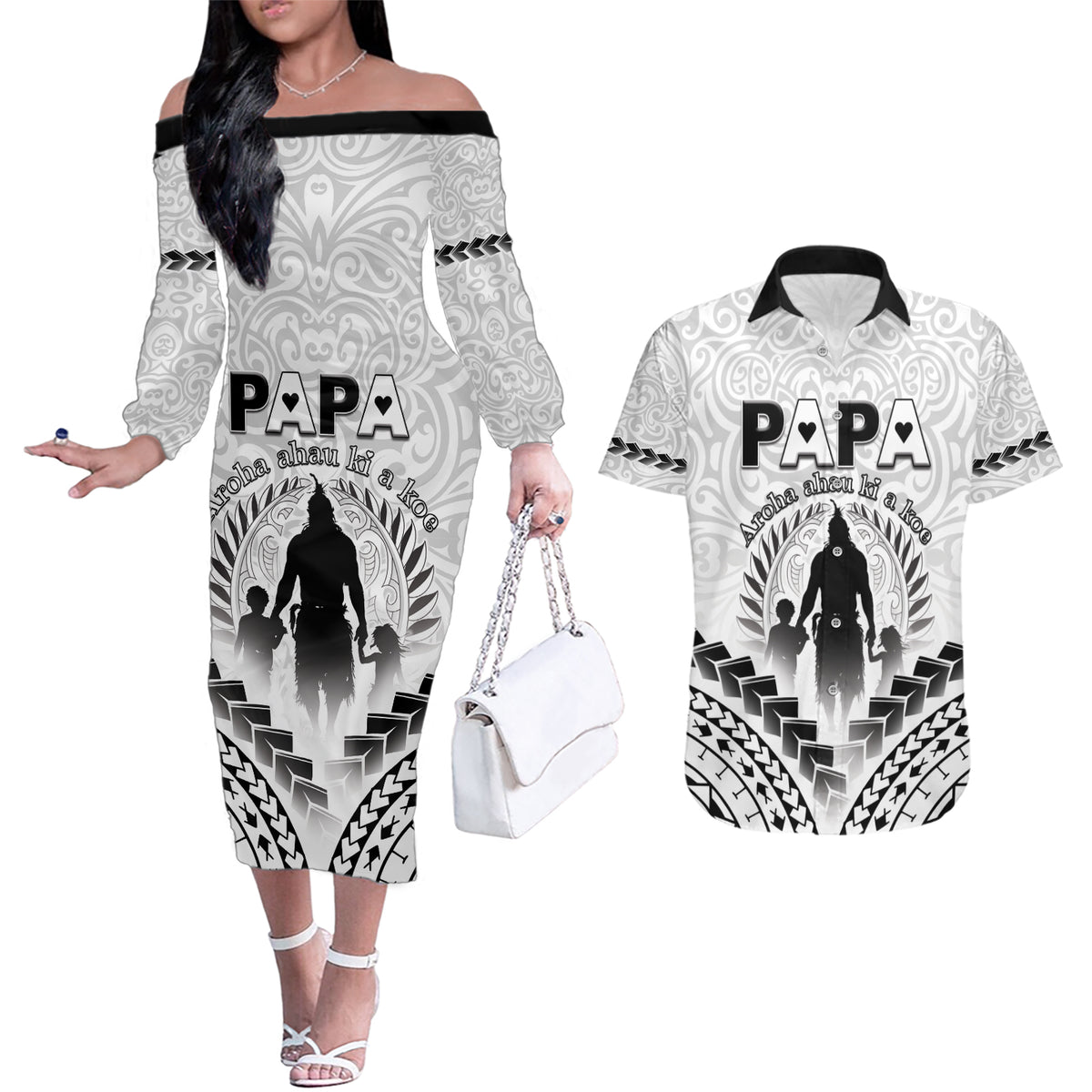 Personalised New Zealand Happy Father's Day Couples Matching Off The Shoulder Long Sleeve Dress and Hawaiian Shirt Aroha Ahau Ki A Koe Papa Polynesian Tribal LT05 White - Polynesian Pride
