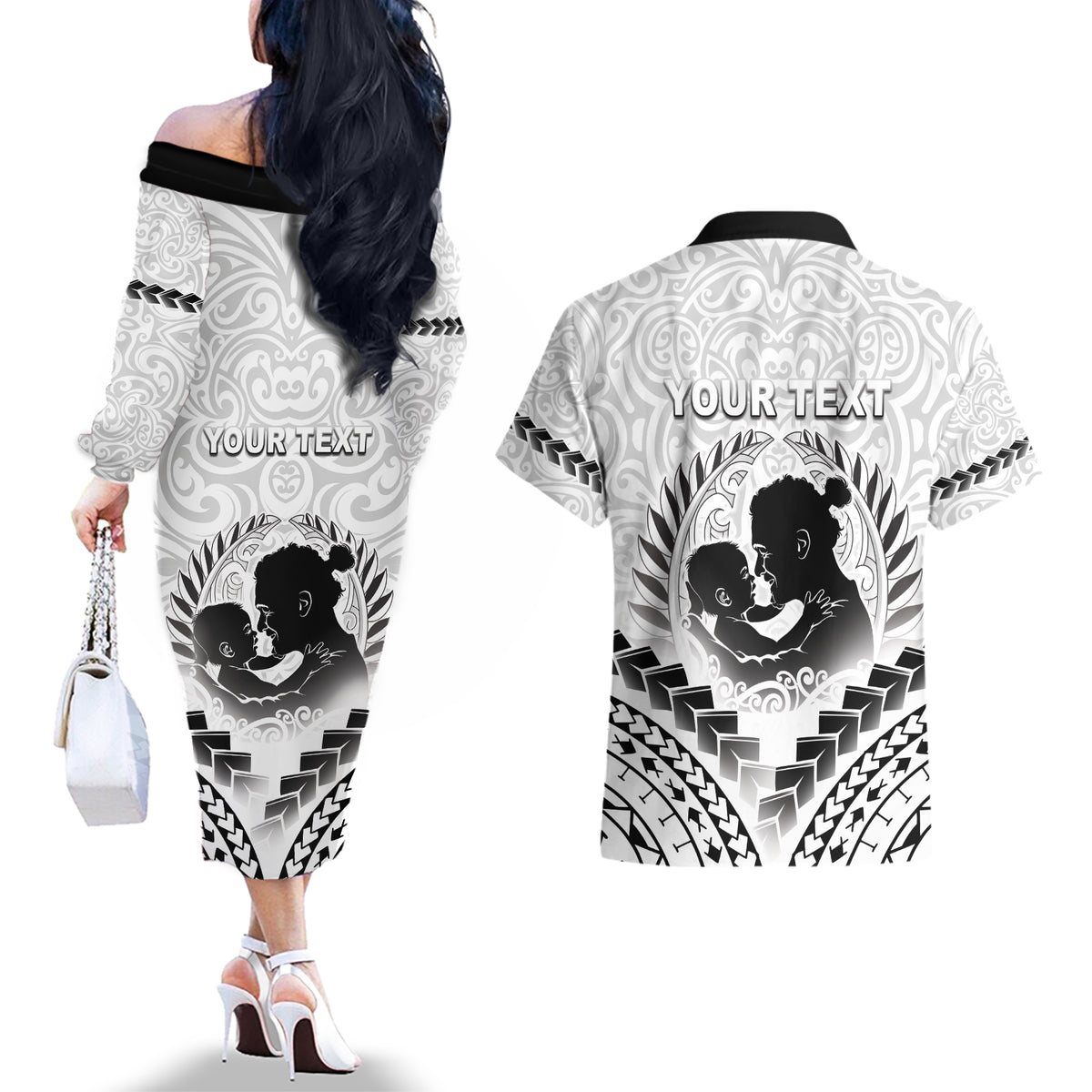 Personalised New Zealand Happy Father's Day Couples Matching Off The Shoulder Long Sleeve Dress and Hawaiian Shirt Aroha Ahau Ki A Koe Papa Polynesian Tribal LT05 - Polynesian Pride