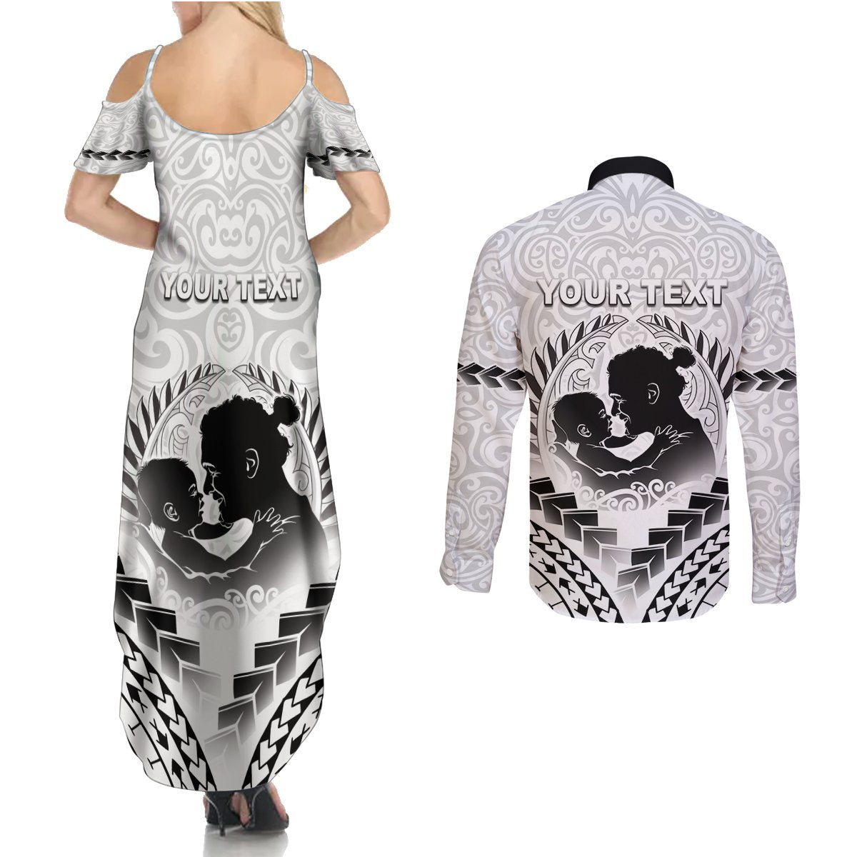 Personalised New Zealand Happy Father's Day Couples Matching Summer Maxi Dress and Long Sleeve Button Shirt Aroha Ahau Ki A Koe Papa Polynesian Tribal LT05 - Polynesian Pride