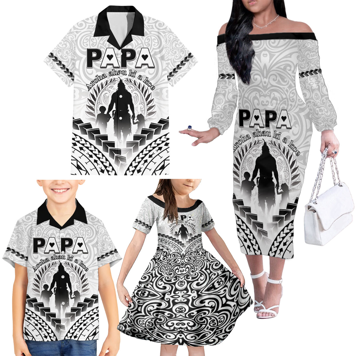 Personalised New Zealand Happy Father's Day Family Matching Off The Shoulder Long Sleeve Dress and Hawaiian Shirt Aroha Ahau Ki A Koe Papa Polynesian Tribal LT05 - Polynesian Pride
