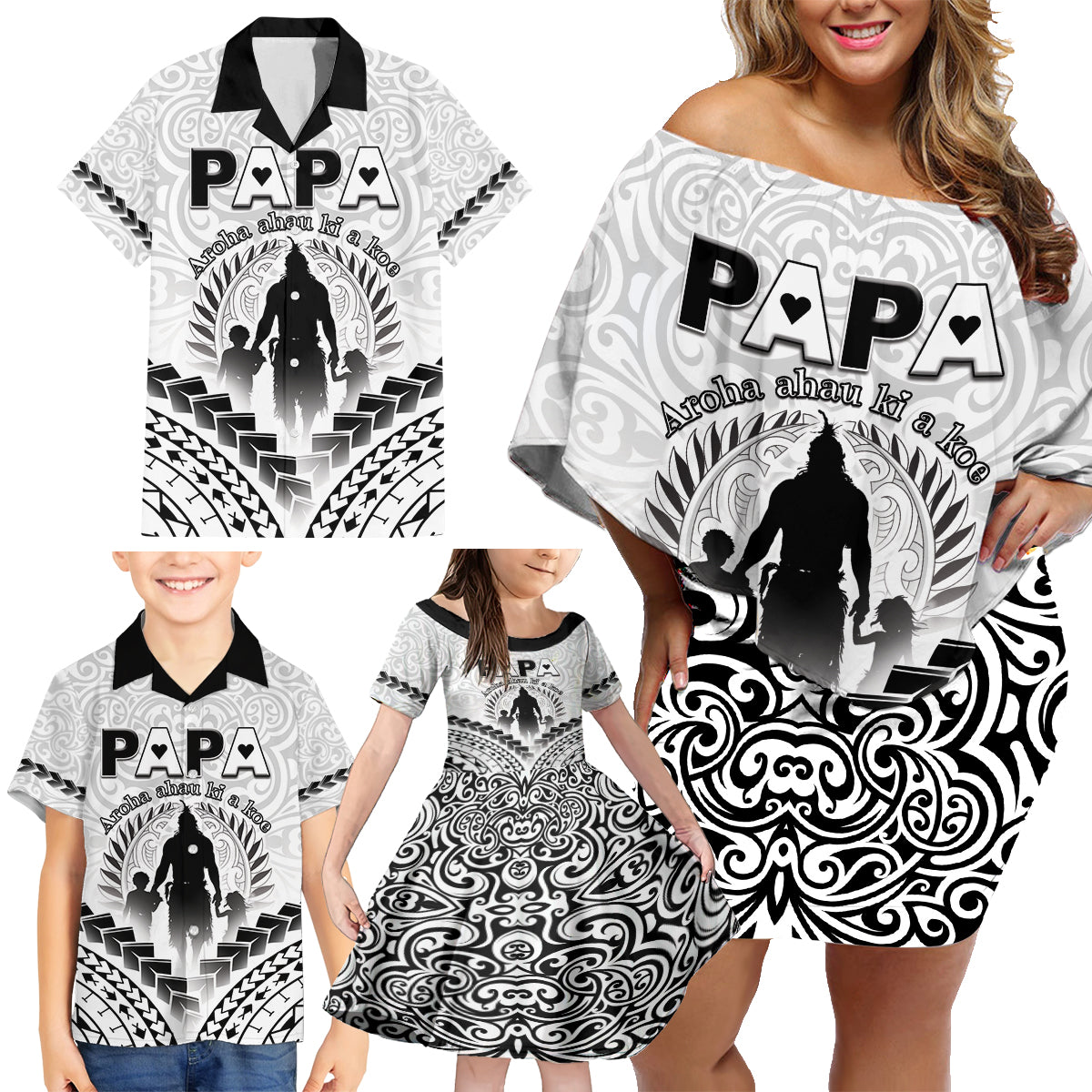 Personalised New Zealand Happy Father's Day Family Matching Off Shoulder Short Dress and Hawaiian Shirt Aroha Ahau Ki A Koe Papa Polynesian Tribal LT05 - Polynesian Pride