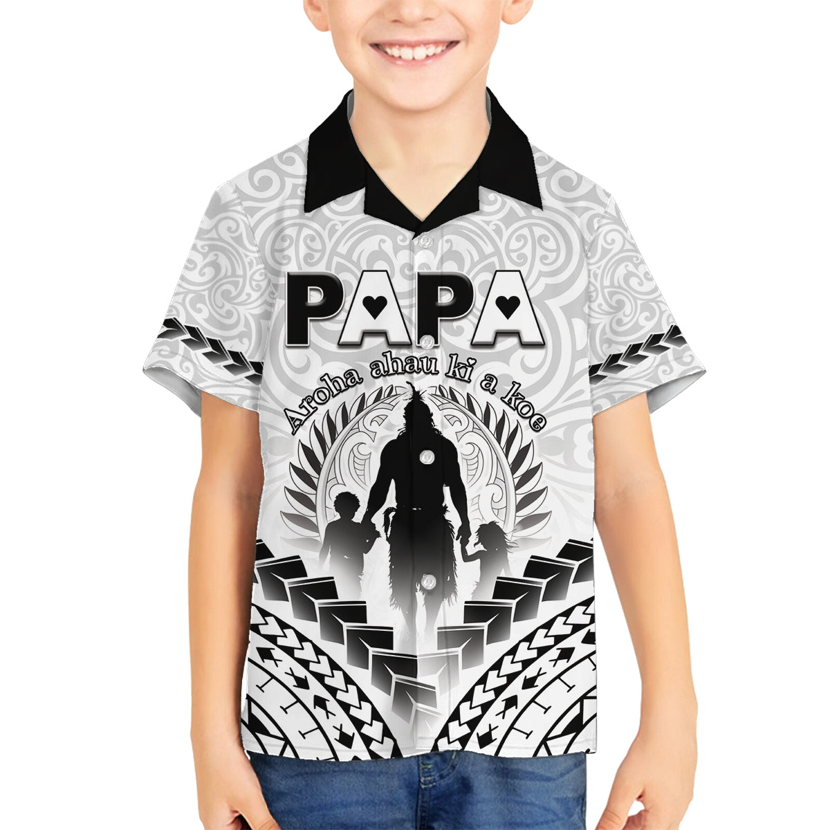 Personalised New Zealand Happy Father's Day Family Matching Off Shoulder Short Dress and Hawaiian Shirt Aroha Ahau Ki A Koe Papa Polynesian Tribal LT05 Son's Shirt White - Polynesian Pride