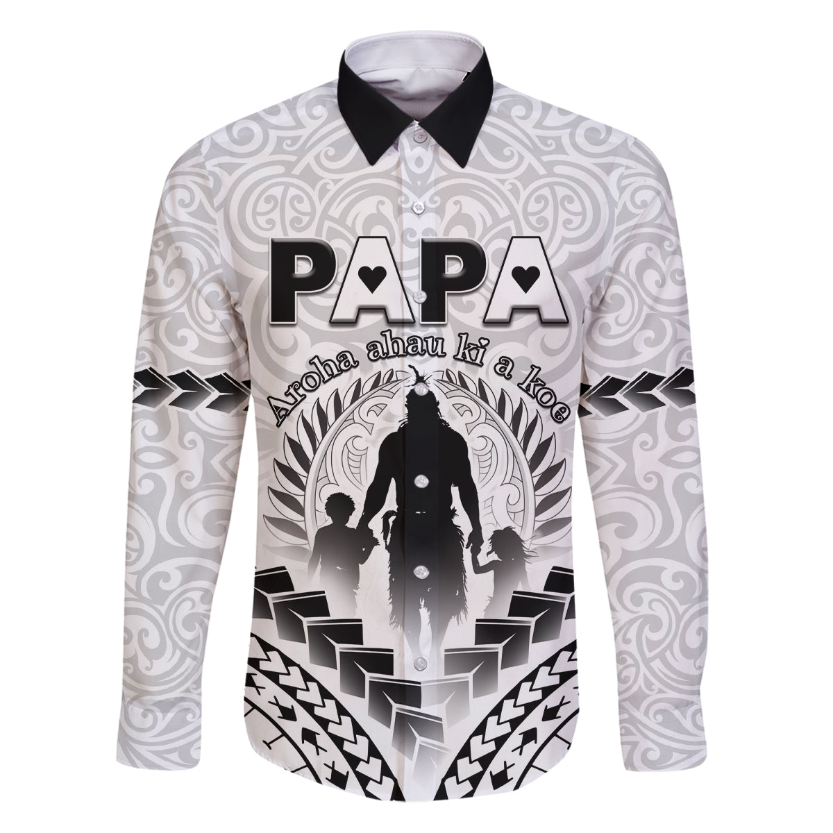Personalised New Zealand Happy Father's Day Family Matching Puletasi and Hawaiian Shirt Aroha Ahau Ki A Koe Papa Polynesian Tribal LT05 Dad's Shirt - Long Sleeve White - Polynesian Pride