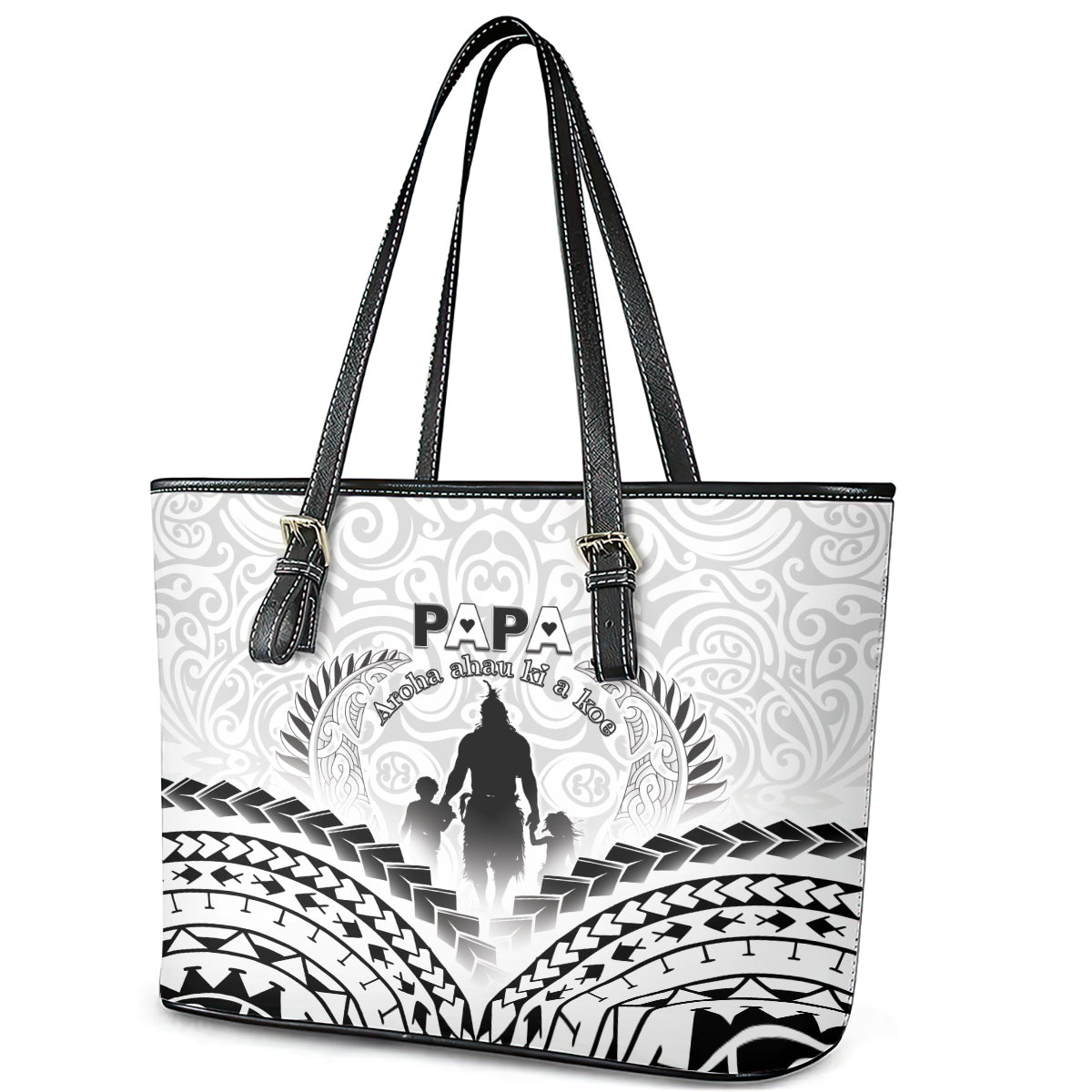New Zealand Happy Father's Day Leather Tote Bag Aroha Ahau Ki A Koe Papa Polynesian Tribal LT05 - Polynesian Pride