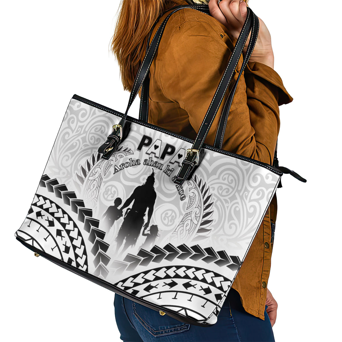 New Zealand Happy Father's Day Leather Tote Bag Aroha Ahau Ki A Koe Papa Polynesian Tribal LT05 - Polynesian Pride