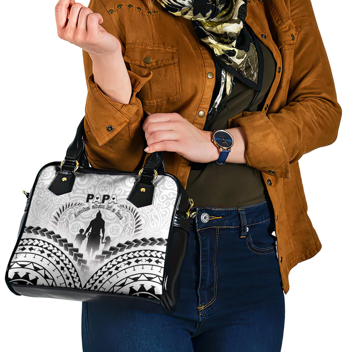 New Zealand Happy Father's Day Shoulder Handbag Aroha Ahau Ki A Koe Papa Polynesian Tribal