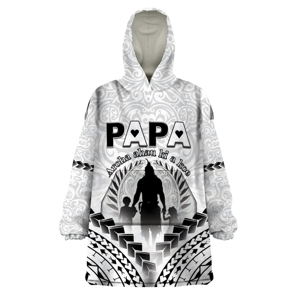 Personalised New Zealand Happy Father's Day Wearable Blanket Hoodie Aroha Ahau Ki A Koe Papa Polynesian Tribal LT05 One Size White - Polynesian Pride