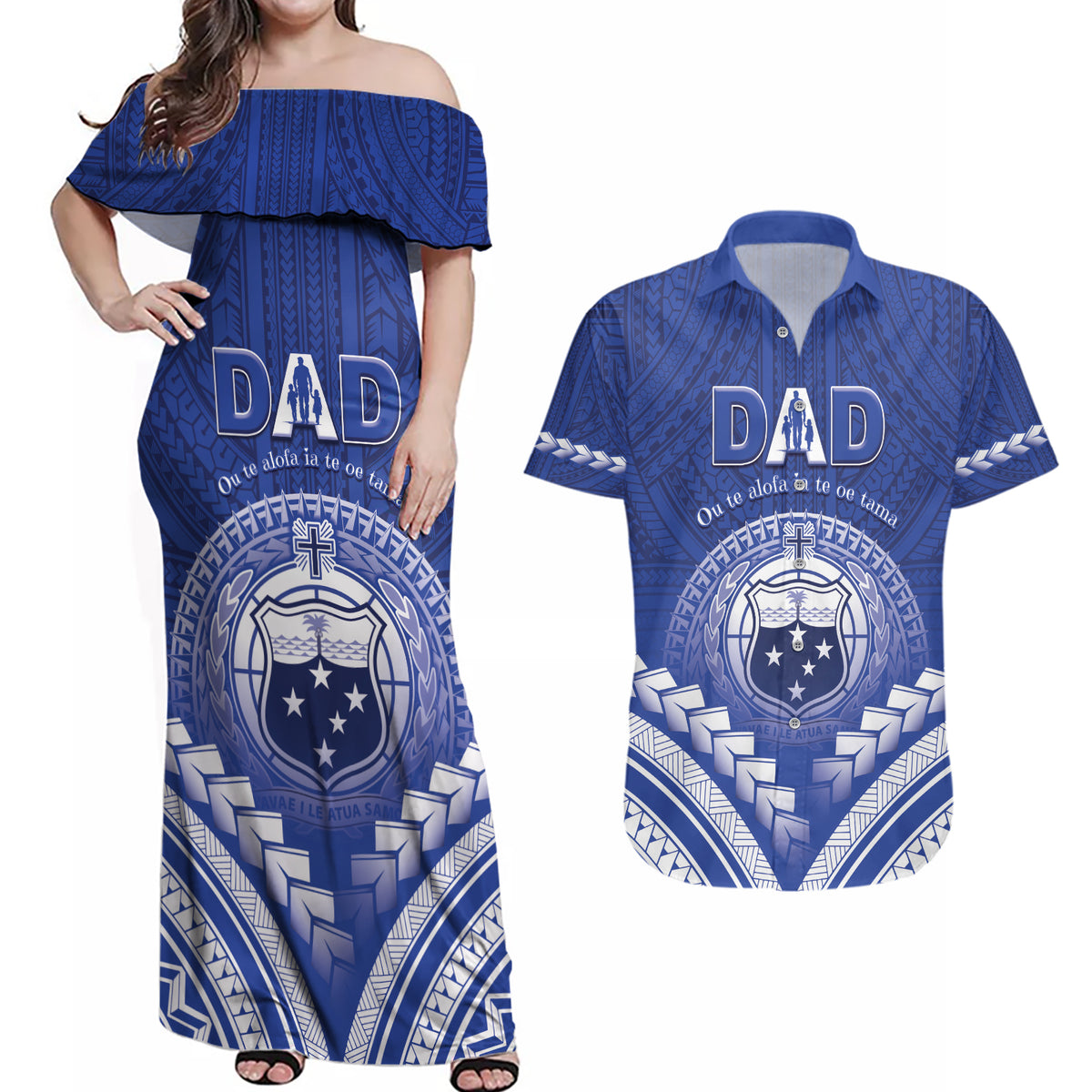 Personalised Samoa Happy Father's Day Couples Matching Off Shoulder Maxi Dress and Hawaiian Shirt Ou Te Alofa Ia Te Oe Tama Dad Polynesian Tribal LT05 Blue - Polynesian Pride