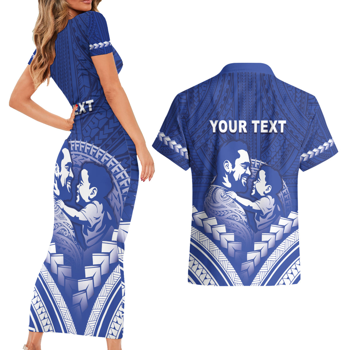Personalised Samoa Happy Father's Day Couples Matching Short Sleeve Bodycon Dress and Hawaiian Shirt Ou Te Alofa Ia Te Oe Tama Dad Polynesian Tribal LT05 - Polynesian Pride