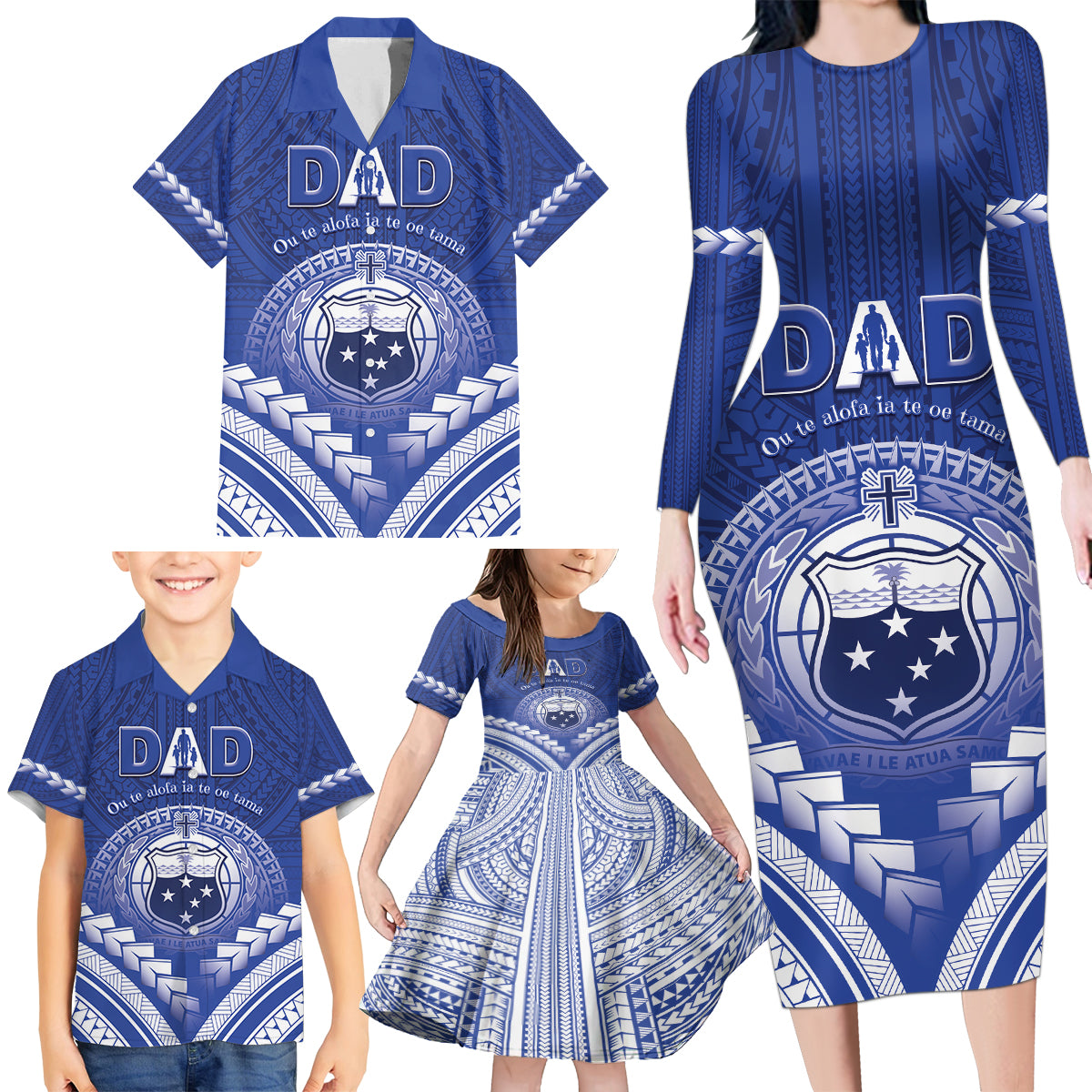 Personalised Samoa Happy Father's Day Family Matching Long Sleeve Bodycon Dress and Hawaiian Shirt Ou Te Alofa Ia Te Oe Tama Dad Polynesian Tribal LT05 - Polynesian Pride