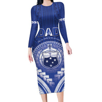 Personalised Samoa Happy Father's Day Family Matching Long Sleeve Bodycon Dress and Hawaiian Shirt Ou Te Alofa Ia Te Oe Tama Dad Polynesian Tribal LT05 Mom's Dress Blue - Polynesian Pride