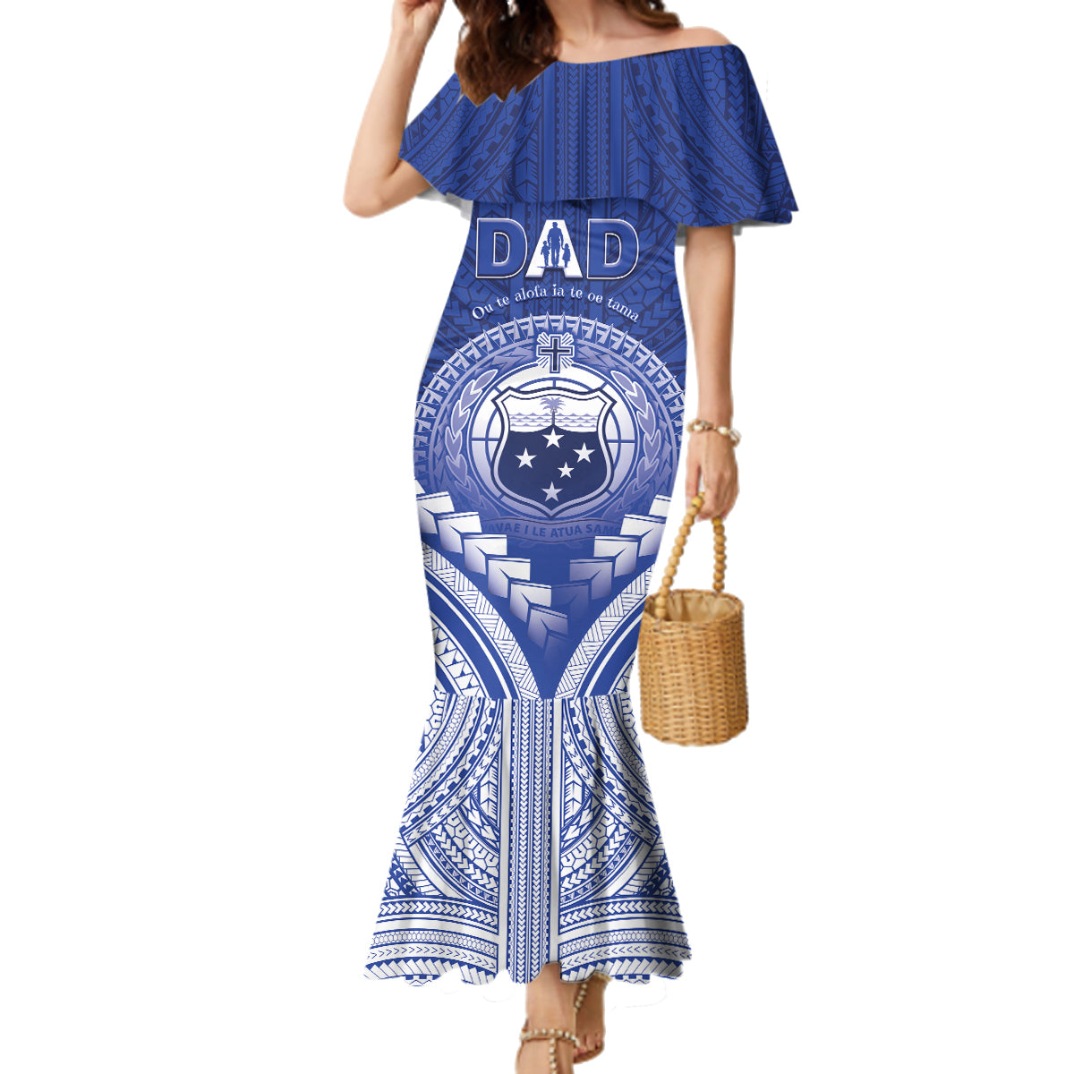 Personalised Samoa Happy Father's Day Family Matching Mermaid Dress and Hawaiian Shirt Ou Te Alofa Ia Te Oe Tama Dad Polynesian Tribal LT05 Mom's Dress Blue - Polynesian Pride