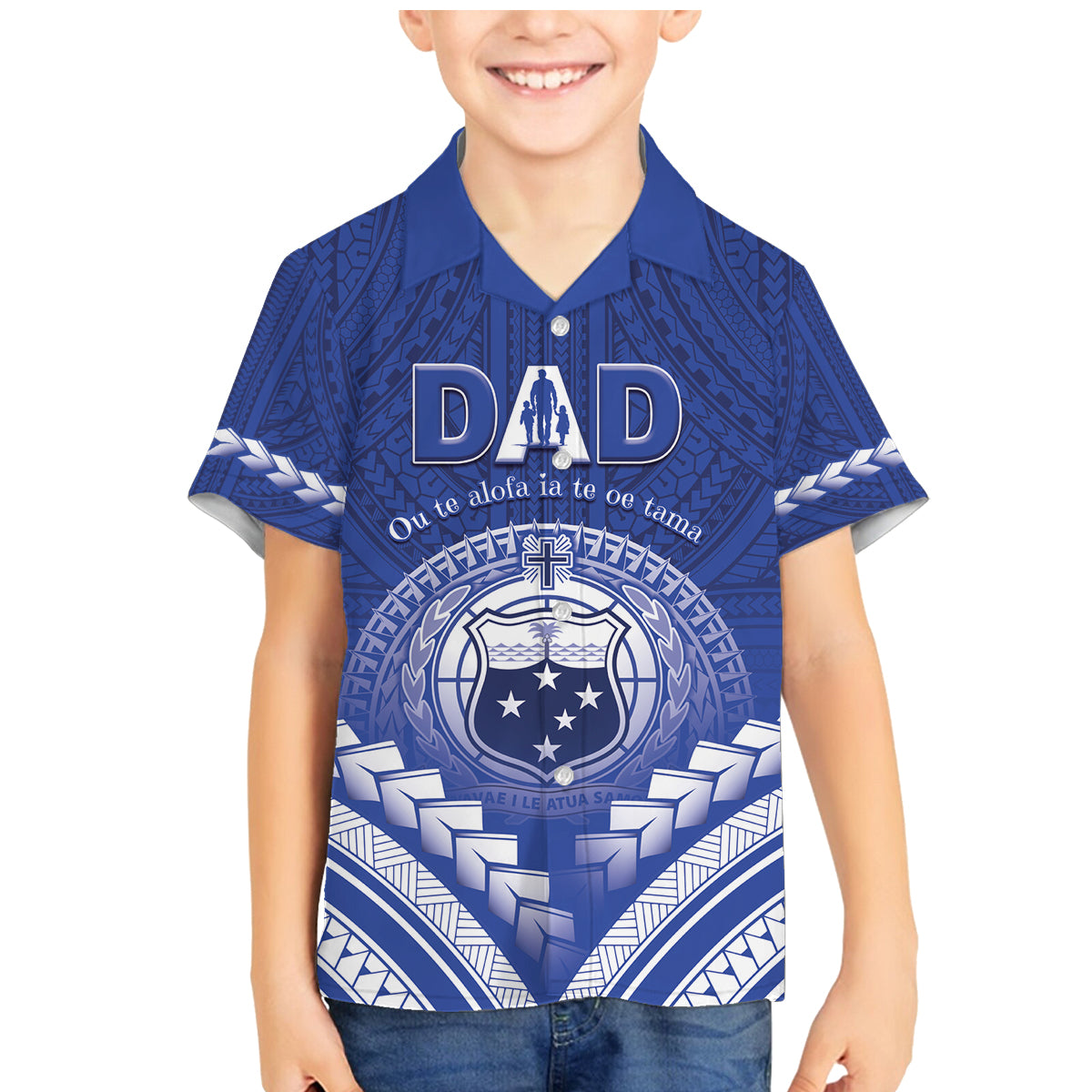 Personalised Samoa Happy Father's Day Family Matching Mermaid Dress and Hawaiian Shirt Ou Te Alofa Ia Te Oe Tama Dad Polynesian Tribal LT05 Son's Shirt Blue - Polynesian Pride