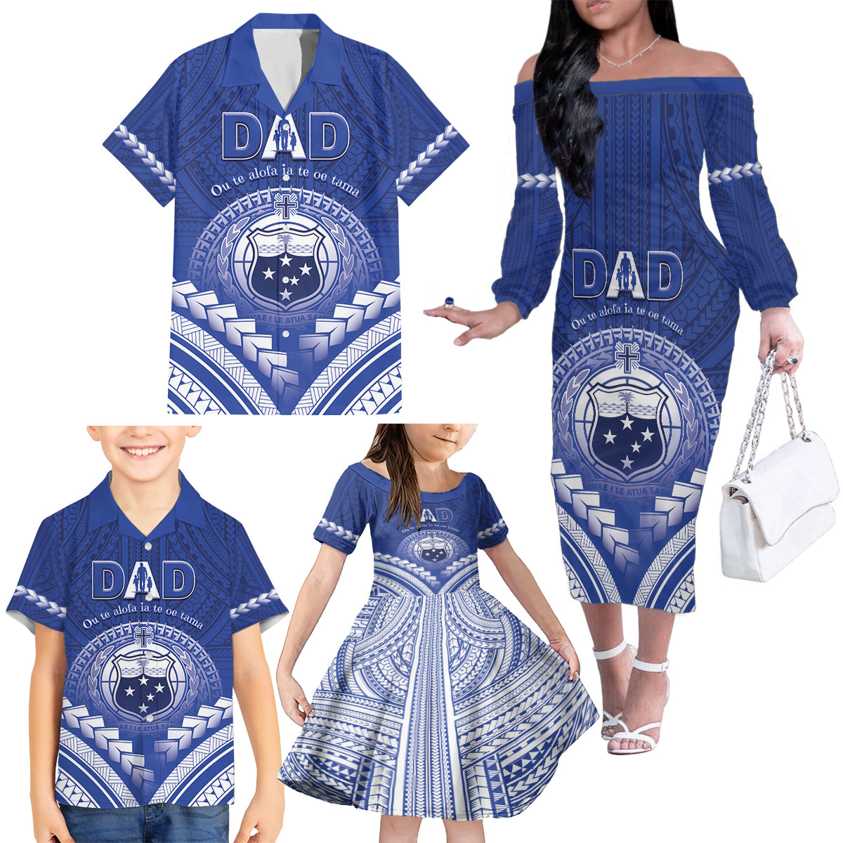 Personalised Samoa Happy Father's Day Family Matching Off The Shoulder Long Sleeve Dress and Hawaiian Shirt Ou Te Alofa Ia Te Oe Tama Dad Polynesian Tribal LT05 - Polynesian Pride