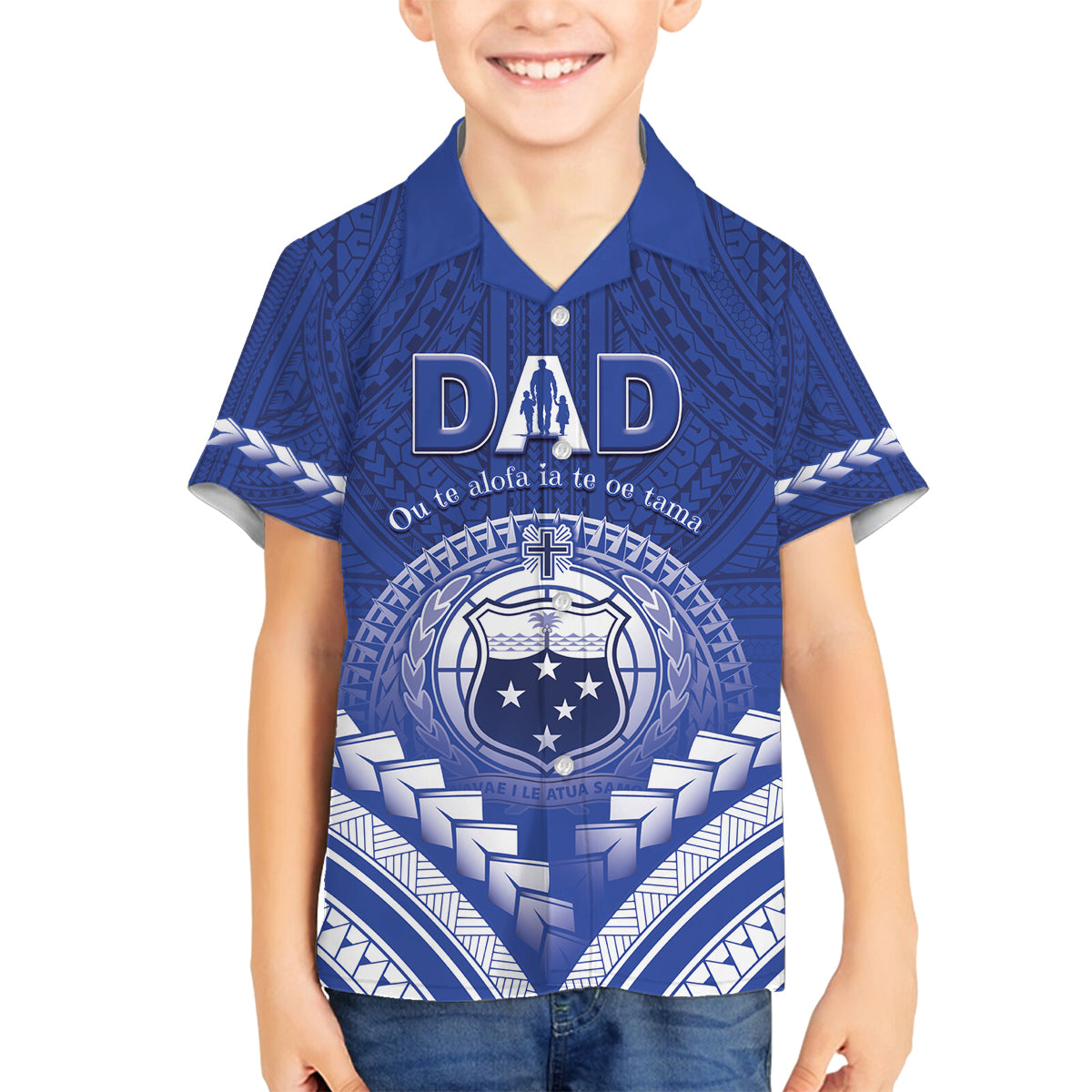 Personalised Samoa Happy Father's Day Family Matching Off Shoulder Maxi Dress and Hawaiian Shirt Ou Te Alofa Ia Te Oe Tama Dad Polynesian Tribal LT05 Son's Shirt Blue - Polynesian Pride