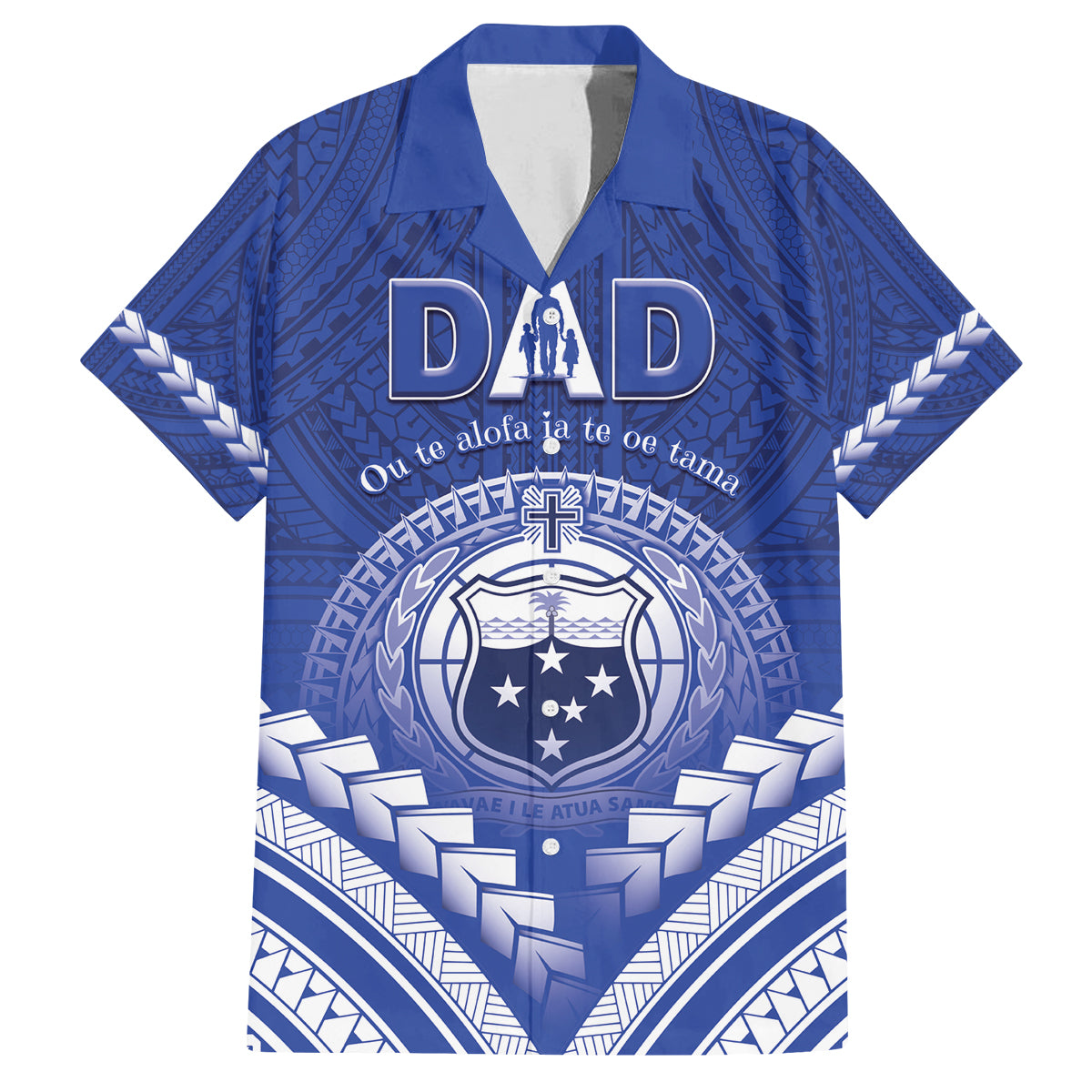 Personalised Samoa Happy Father's Day Family Matching Puletasi and Hawaiian Shirt Ou Te Alofa Ia Te Oe Tama Dad Polynesian Tribal LT05 Dad's Shirt - Short Sleeve Blue - Polynesian Pride