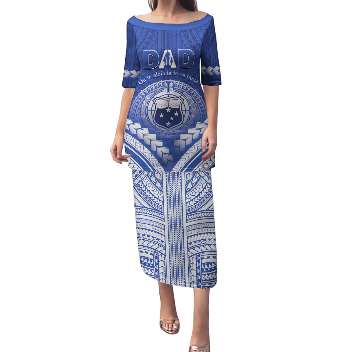 Personalised Samoa Happy Father's Day Family Matching Puletasi and Hawaiian Shirt Ou Te Alofa Ia Te Oe Tama Dad Polynesian Tribal LT05 Mom's Dress Blue - Polynesian Pride
