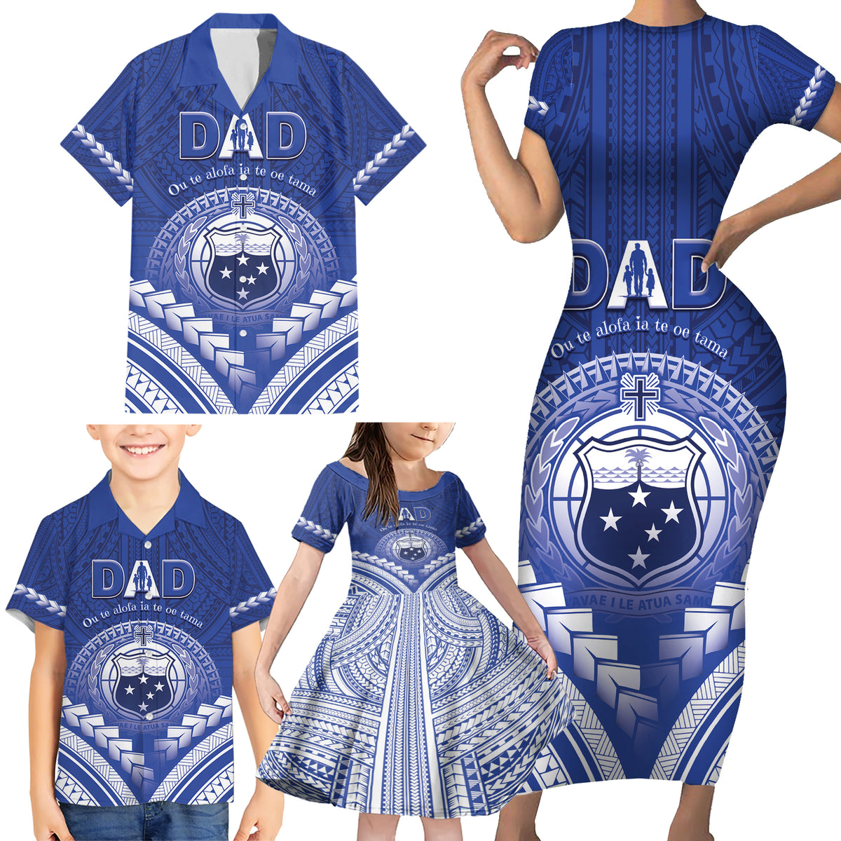 Personalised Samoa Happy Father's Day Family Matching Short Sleeve Bodycon Dress and Hawaiian Shirt Ou Te Alofa Ia Te Oe Tama Dad Polynesian Tribal LT05 - Polynesian Pride